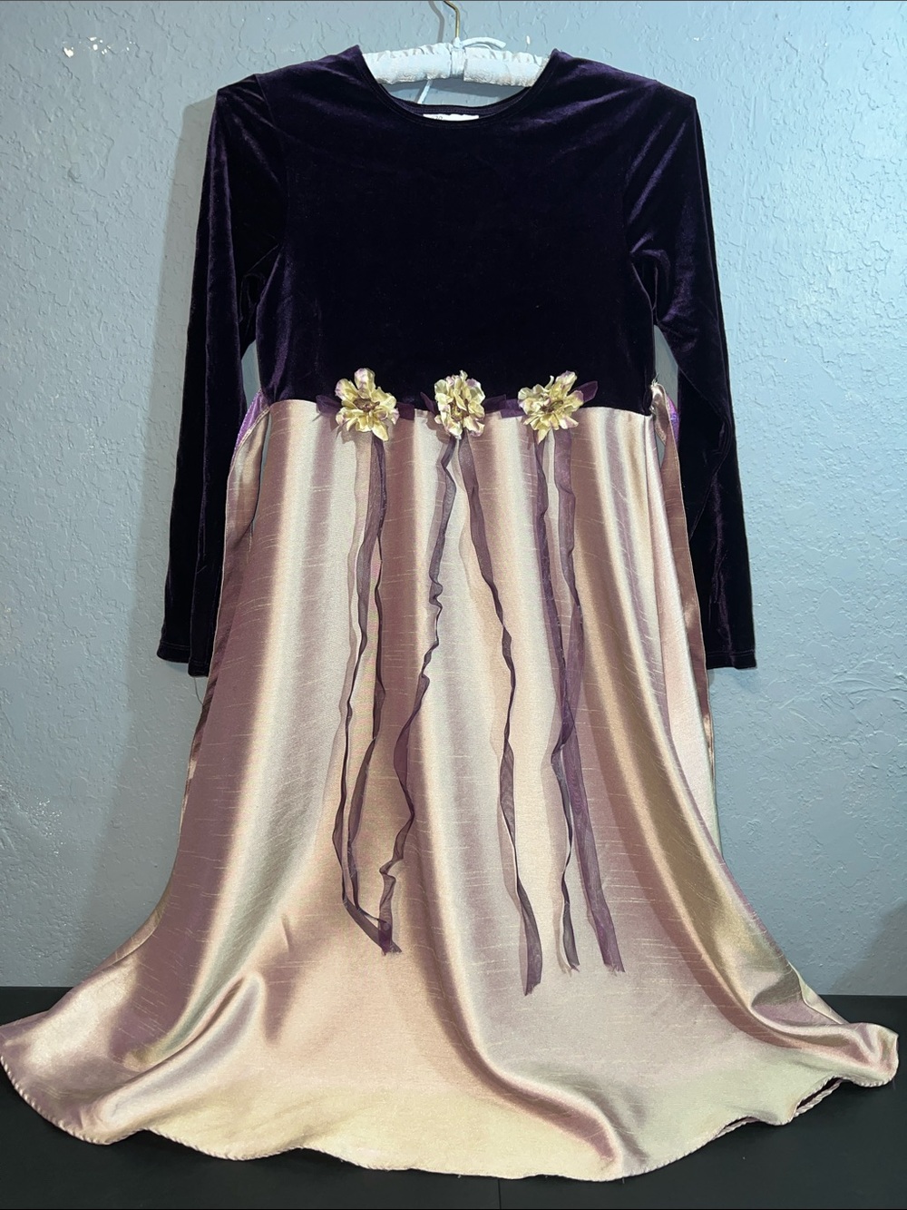Girls Velvet Bodice & Satin Skirt Party Dress in Deep Purple and Champagne